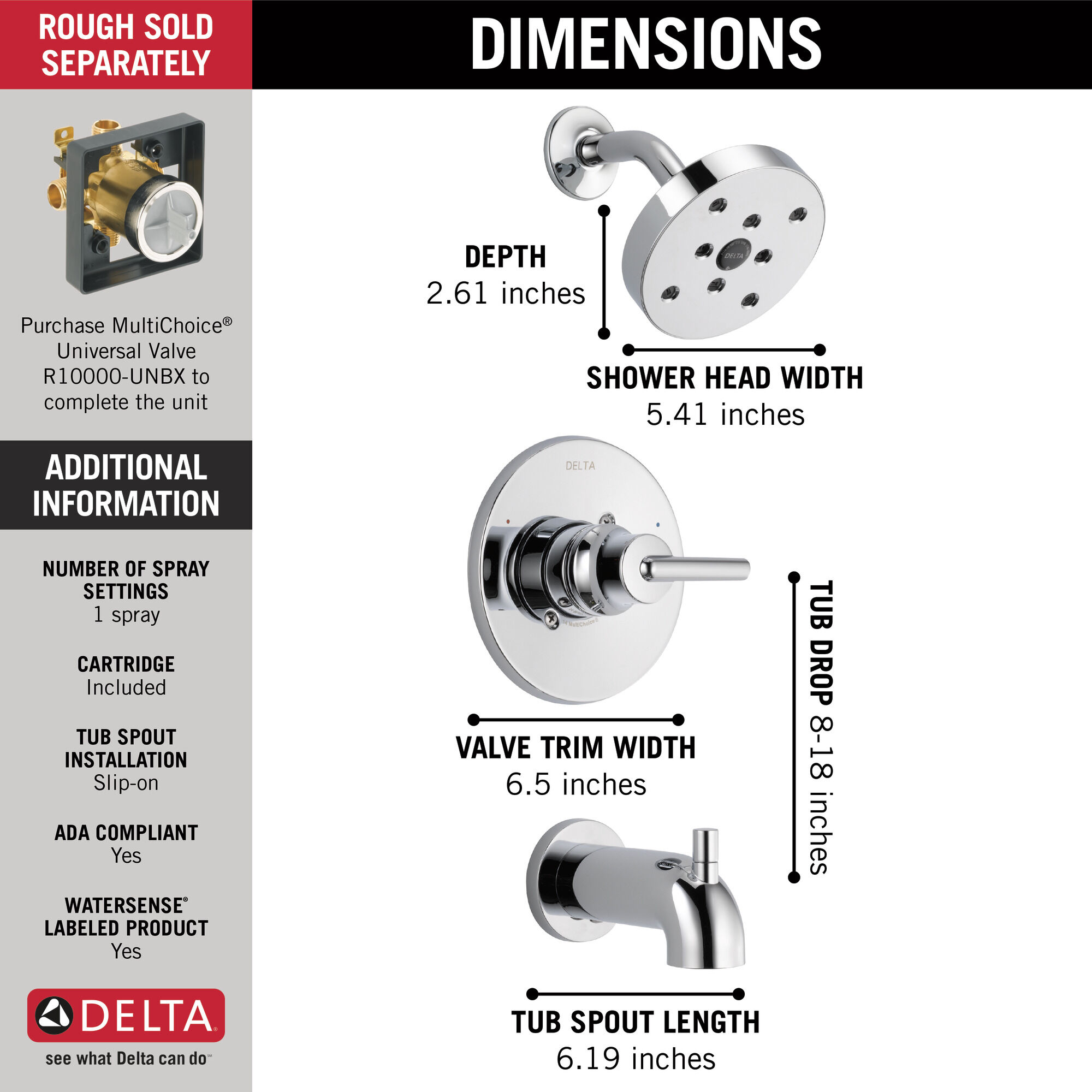 T14459 Monitor® 14 Series H2Okinetic® для ванны и душа Delta Faucet Trinsic Хром  - Вид №4