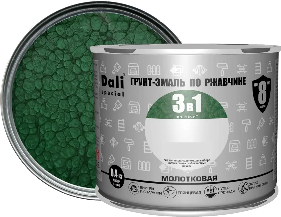 Грунт-эмаль Dali 3 в 1 молотковая зеленая 0.4 кг 83372494