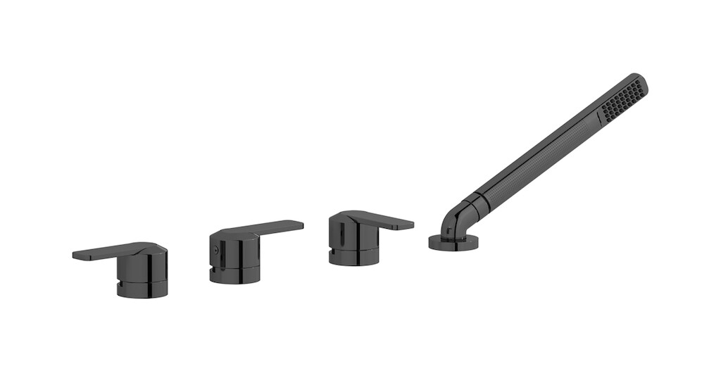 Смеситель на бортик ванной на 4 отверстия с изливом, дивертером и душевым гарнитуром. WE ARE IB c6397cf Black Chrome C-67