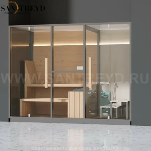 Effegibi MID LO70010004 Комбинированная баня: хаммам - душ и сауна. Установка: в нишу. Мощность: 11 кВт макс. Размеры: длина 300 см, ширина 137 см. Отделка: канадский хемлок, матовый лакированный серый аллюминий и бежевый ламинат из керамогранита.