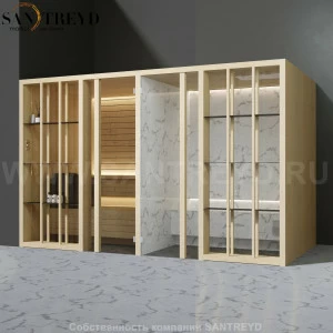 Effegibi YOKU.S SH YO.10110003 Комбинированная баня: хаммам и сауна. Установка: в левый угол. Мощность: 10,5 кВт макс. Размеры: длина 342 см, ширина 170 см. Отделка: осина термообработанная и светлый керамогранит