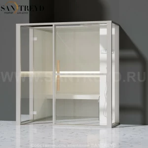 Effegibi LOGICAFILO H LO31020011 Хаммам. Установка: в полунишу. Правая дверь. Мощность: 4,5 кВт макс. Размеры: длина 214 см, ширина 250 см. Отделка: матовый лакированный белый аллюминий и серый ламинат из керамогранита.