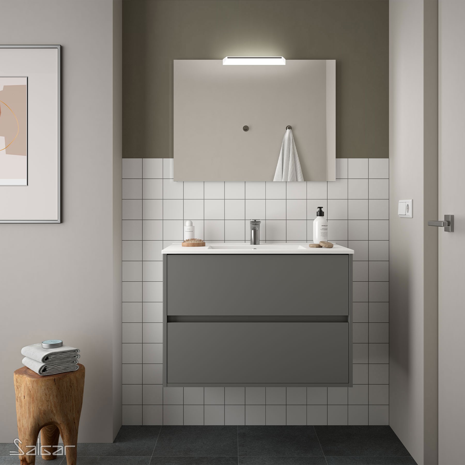 85071 SALGAR Комплект мебели для ванной NOJA 900 MATT GREY + Раковина + Зеркало + Свет Мэтт Грей