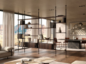 Модульный книжный шкаф из стали и дерева с креплением пол-потолок