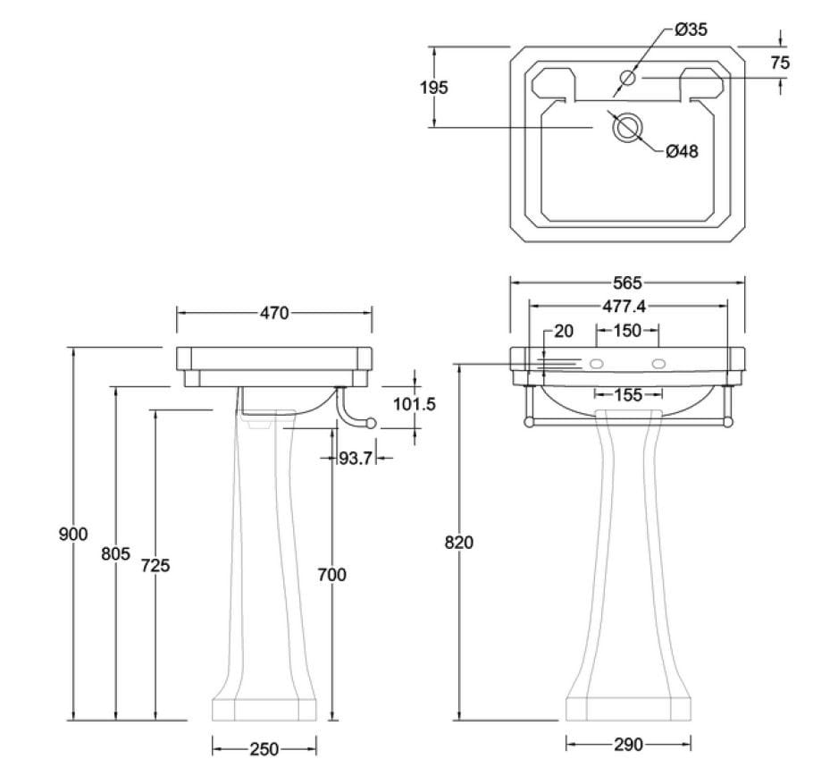 Прямоугольная раковина для ванной комнаты с держателем для полотенец Burlington Викторианская ARCH-00044598 - Вид №2
