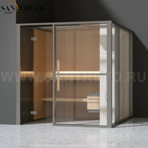 Effegibi LOGICAFILO S LO21010005 Сауна. Установка: в левый угол. Правая дверь. Мощность: 6 кВт макс. Размеры: длина 214 см, ширина 250 см. Отделка: канадский хемлок, матовый лакированный серый аллюминий и бежевый ламинат из керамогранита.