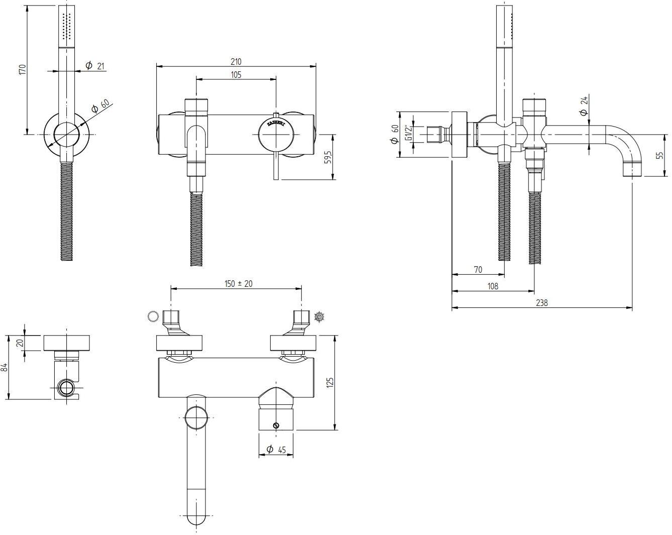 ZAZZERI Смеситель для ванны настенный с ручным душем Modo sun-id-1398368 - Вид №1
