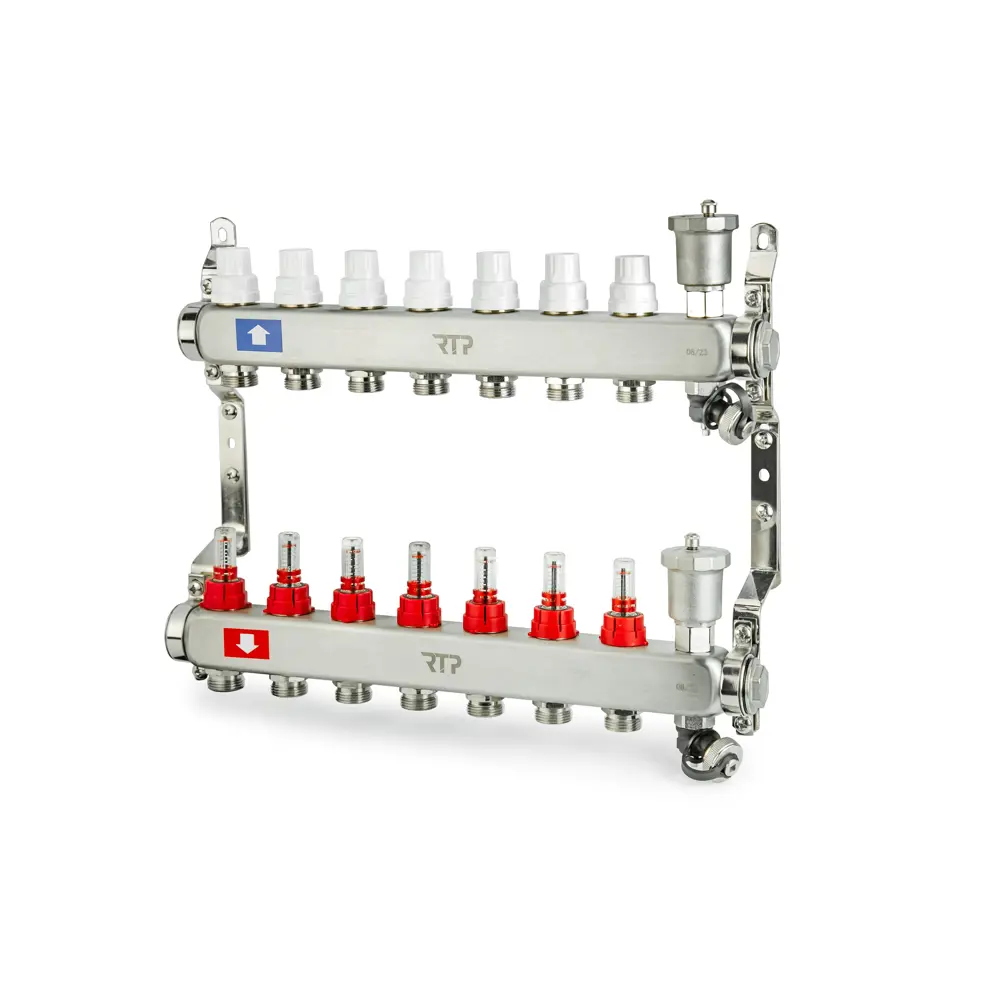 Коллекторная группа для теплого пола RTP 1"х3/4" евроконус 7 выходов нержавеющая сталь STLM-2162007