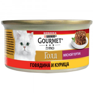 ПР0054758 Корм для кошек Голд Мясной тортик с говядиной и курицей, банка 85 г Gourmet