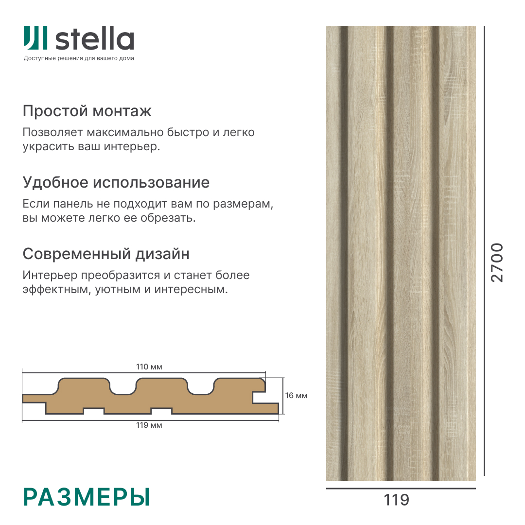Панель Стеновая Реечная МДФ Stella Beats Standart Дуб Сонома 2700x119x16 (4шт.упак.) STSR-221 - Вид №5