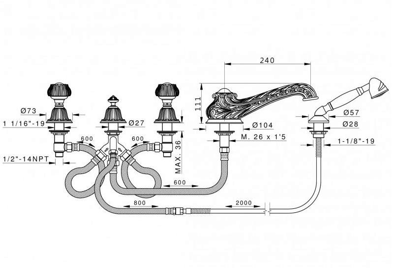 Bronces Mestre Смеситель для ванны из хромированной латуни на 5 отверстий с ручным душем Versailles 230416.a030.50 - Вид №1