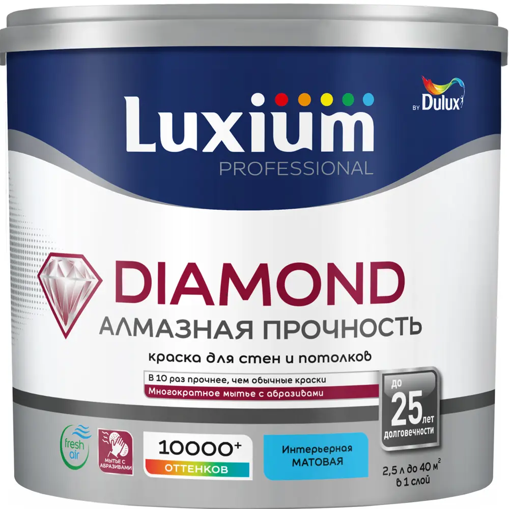 Краска для стен и потолков моющаяся Luxium Diamond матовая цвет белый база BW 2.5 л STLM-2022962
