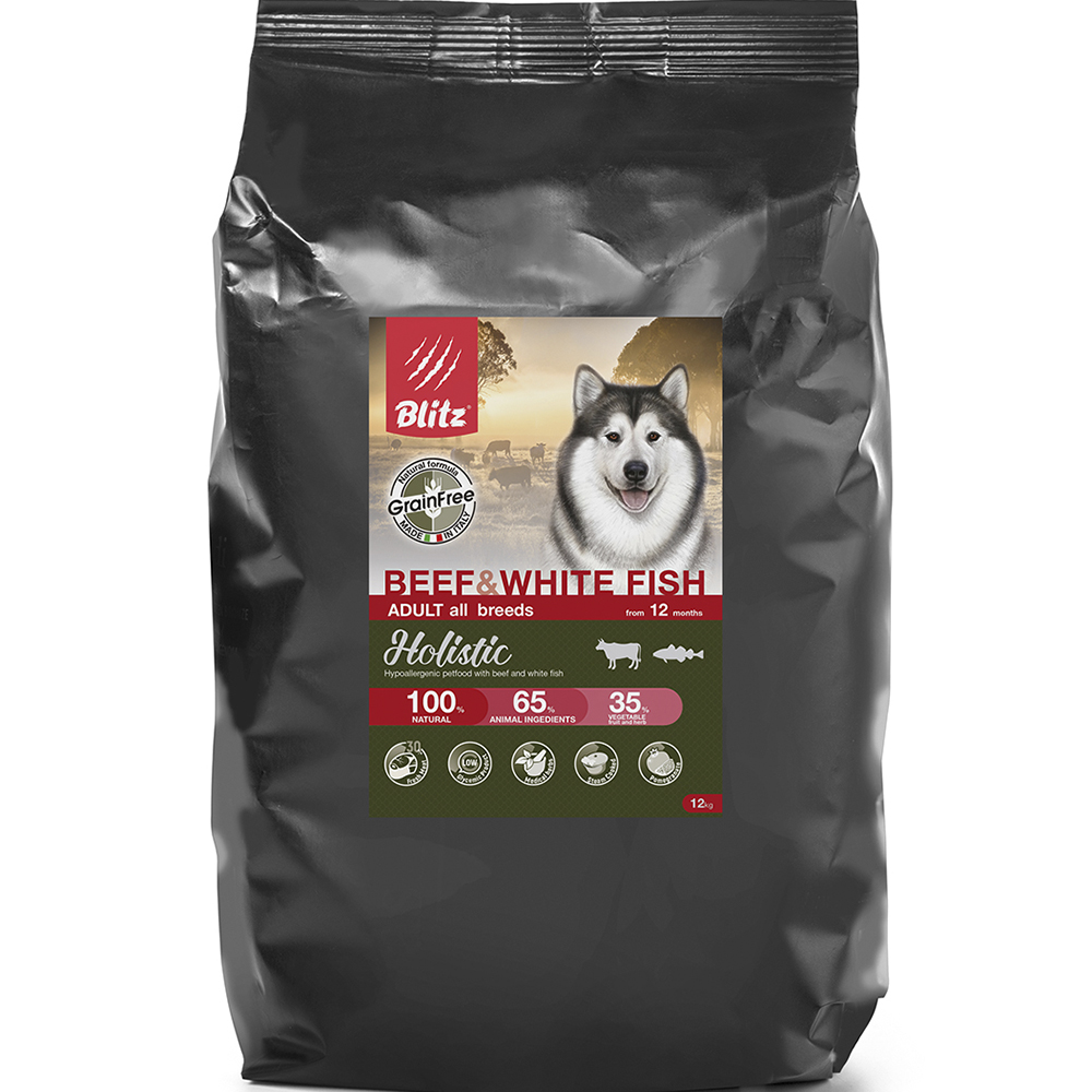 ПР0055617 Корм для собак Holistic беззерновой говядина, белая рыба сух. 12кг Blitz 