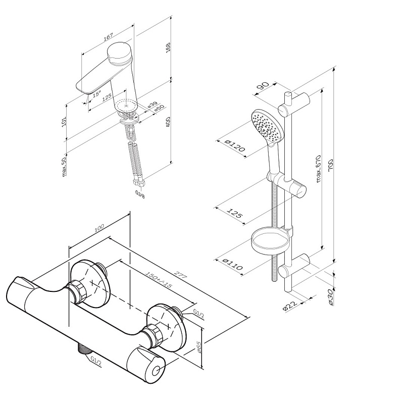 F40950A03 набор 3в1: см-ль д/умывальника см-ль д/душа с термостатом душевой комплект AM.PM Inspire V2.0  - Вид №3