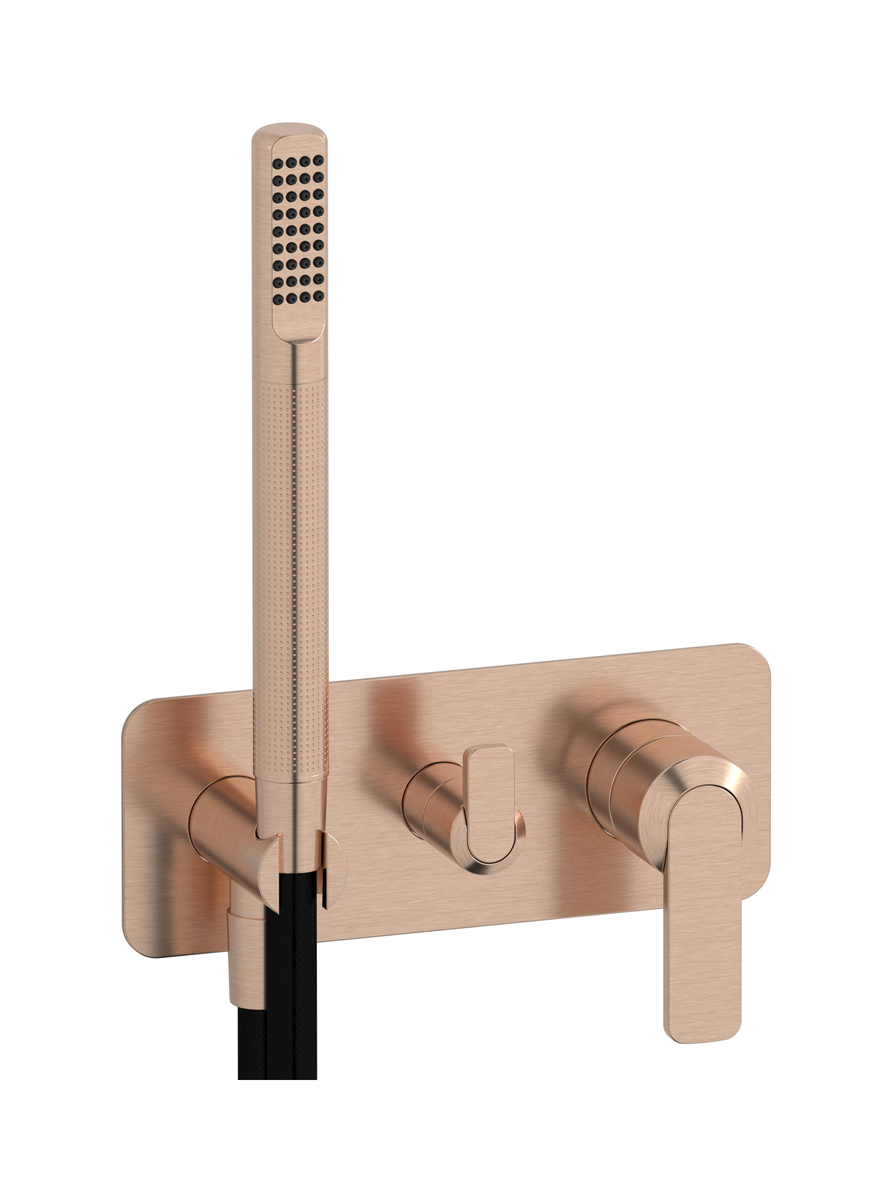 Внешние части встроенного в стену смесителя на 2 потребителя в комплекте с душевым гарнитуром. WE ARE IB c6313sr Brushed Rose Gold C-67
