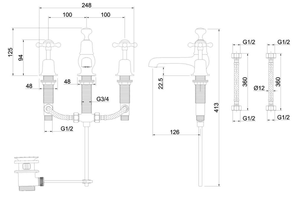 Смеситель для раковины с 3 отверстиями Burlington ANGLESEY ARCH-00034074 - Вид №5