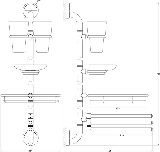KD-208 C Штанга с 4-мя аксессуарами для ванной 70 cm FBS Luxia - Вид №1