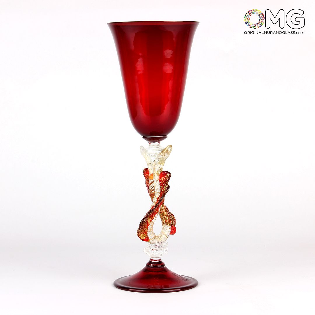 4639 ORIGINALMURANOGLASS Венецианский красный бокал с фигурной ножкой - муранское стекло 10 см  - Вид №1