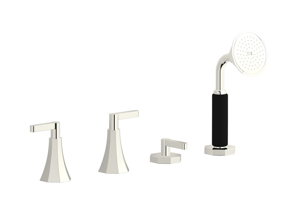 Смеситель на бортик ванной на 4 отверстия с изливом, дивертером и душевым гарнитуром. WE ARE IB bl397pl Platinum Belmondo 