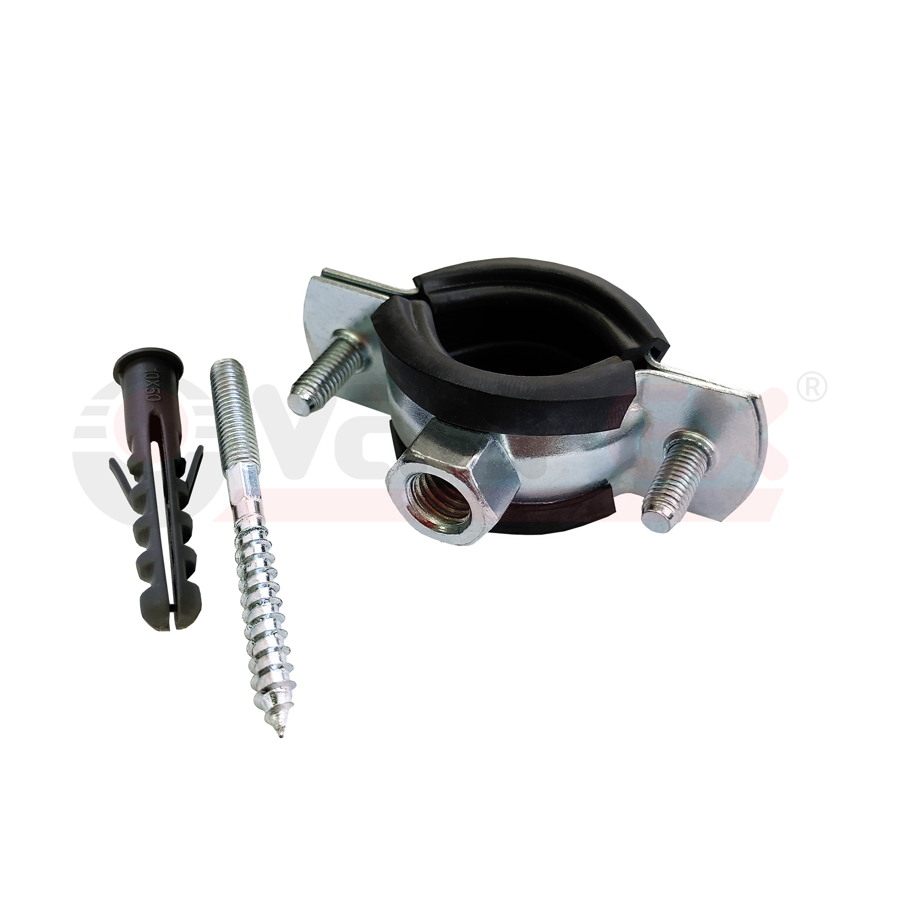 45WR-35 Valfex Хомут оцинкованный с резиновым уплотнением (в комплекте шпилька М8*80 и дюбель) Китай 
