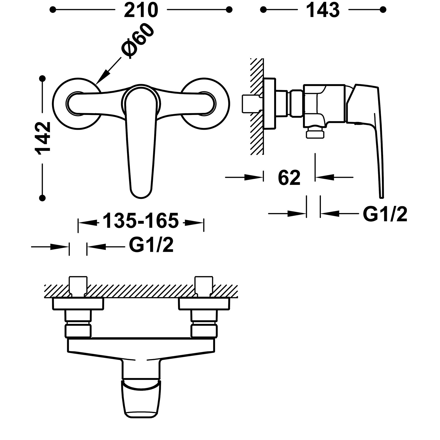 ПЛОСКИЙ настенный смеситель для душа с одной ручкой -22016701 TRES  - Вид №1