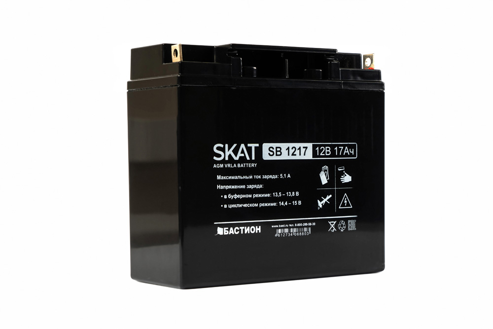 SKAT SB 1217 , 12v, 17ah, maximum charge current 5.1 a. terminal type - b1 (for m5 bolt with nut). case size - 77x180x168. weight - 4.9 kg. service life - 6 years. warranty - 18 months. Бастион  - Вид №1