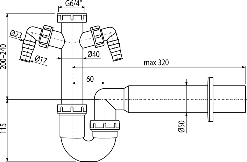 Сифон трубчатый с накидной гайкой 6/4" и двумя штуцерами ALCAPLAST A82DN50 - Вид №1