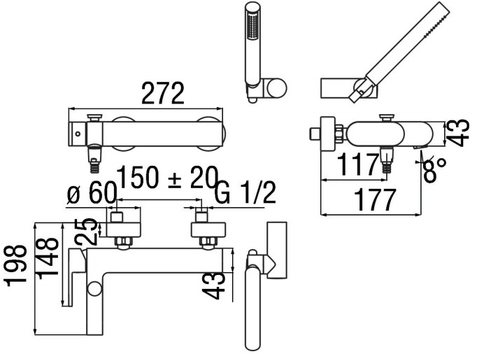 Nobili Rubinetterie Смеситель для ванны настенный Up Up94110cr - Вид №1