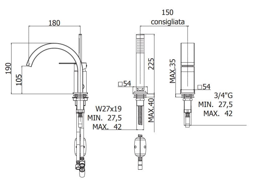 Смеситель для ванны с 2 отверстиями RUBINETTERIA PAFFONI Tango ARCH-00000203 - Вид №1