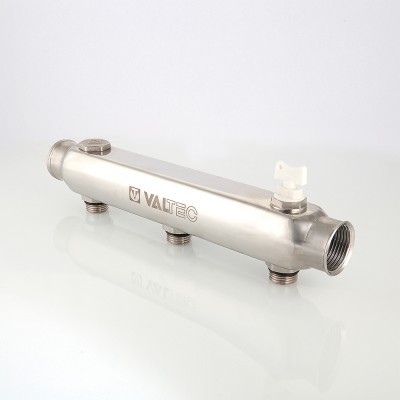 VTc.510.SS.060402 Коллектор из нержавеющей стали с межосевым расстоянием выходов 100 мм Valtec 1", 2 x 1/2"  - Вид №1