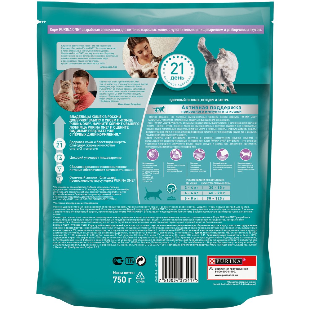 ПР0059662 Корм для кошек с чувствительным пищеварением, индейка, рис сух. 750г ONE  - Вид №5