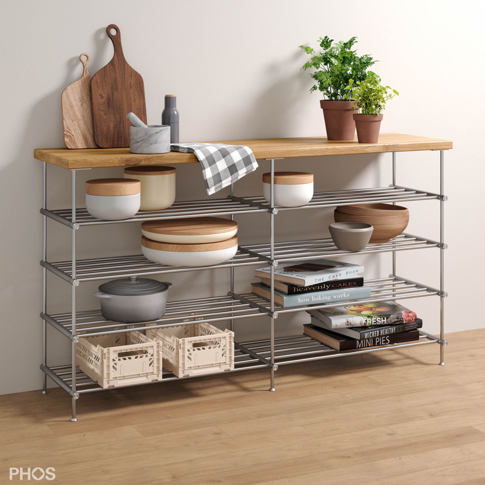 SBS1200-4-Eiche Сервант с дубовыми полками, 2 секции, 4 уровня, ширина 125 см PHOS 