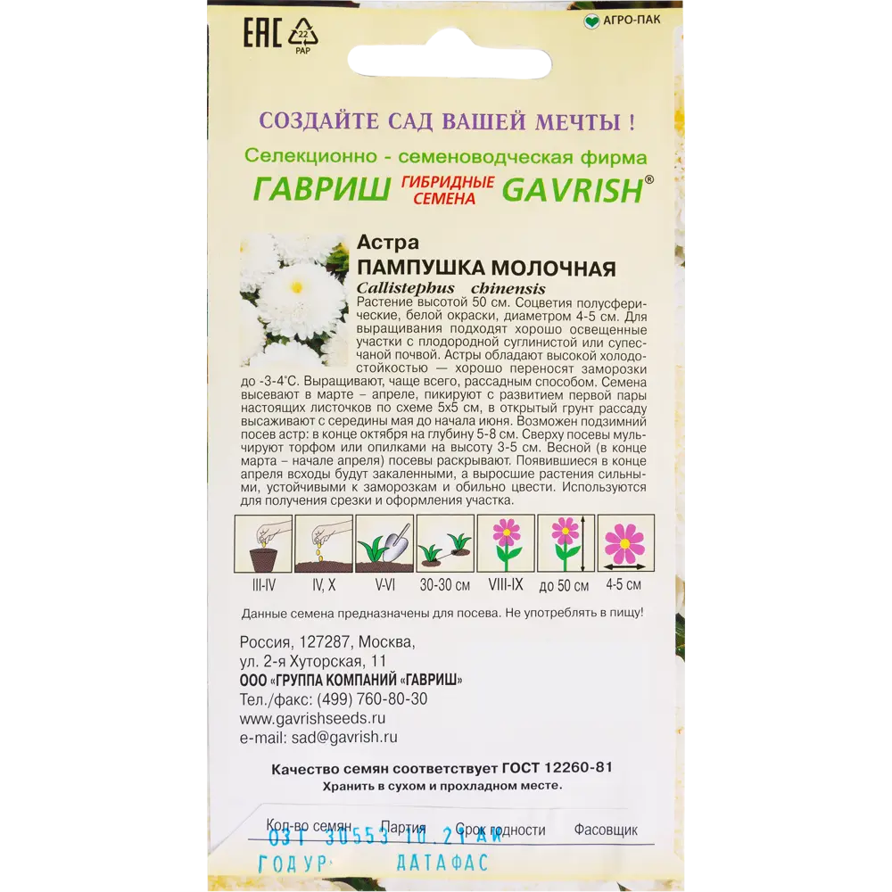 Астра «Пампушка молочная» помпонная, 0.3 г 82097823 STLM-2097524 ГАВРИШ  - Вид №1