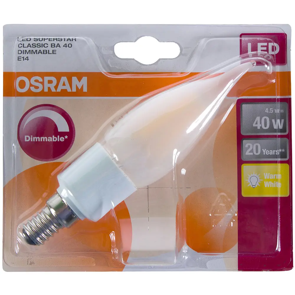 Лампа светодиодная диммируемая Osram «Свеча», E14, 6 Вт, 470 Лм, свет тёплый белый, матовая колба 18610077 STLM-2063626  - Вид №1
