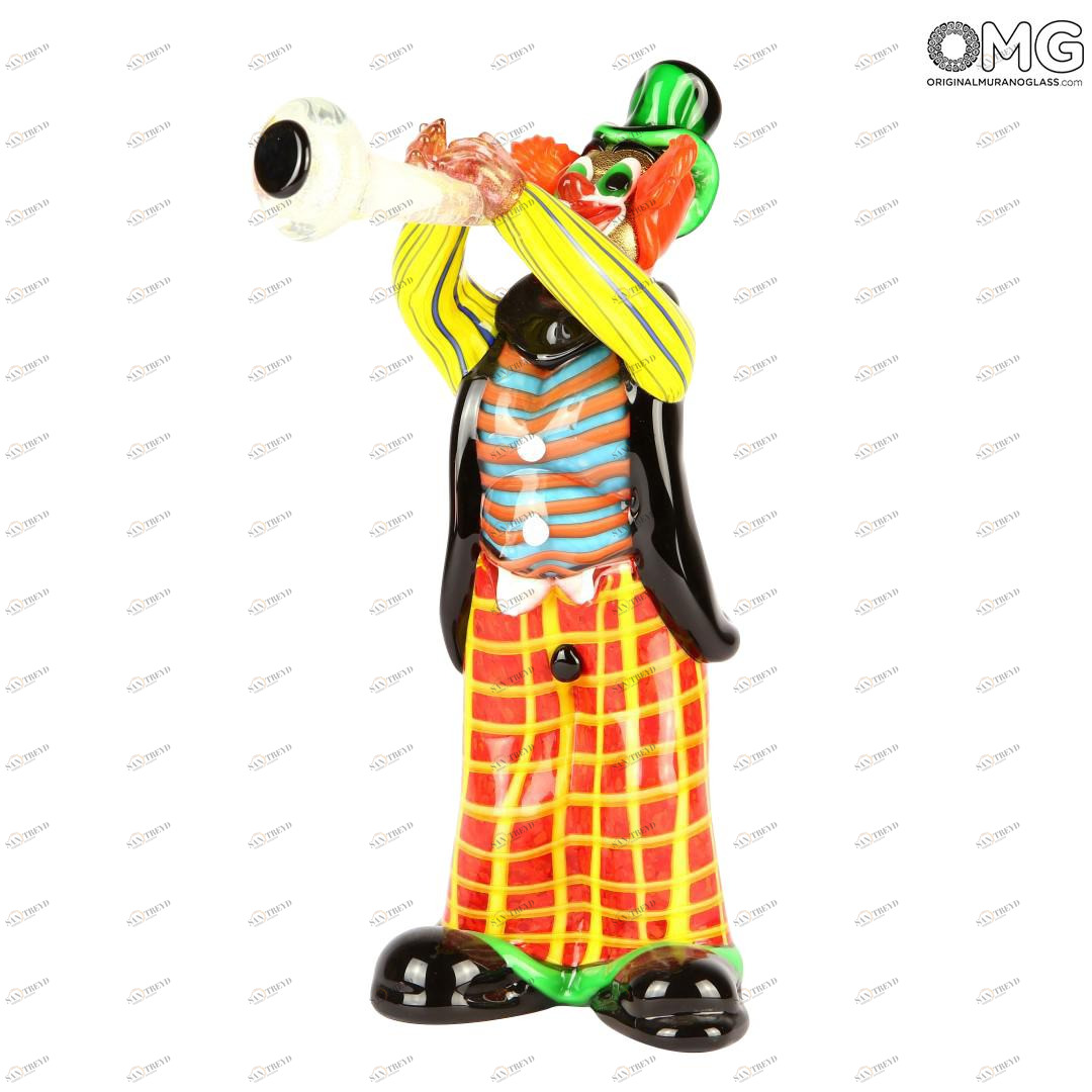 2580 ORIGINALMURANOGLASS Статуэтка Клоун-музыкант с трубой - муранское стекло OMG 14 см 
