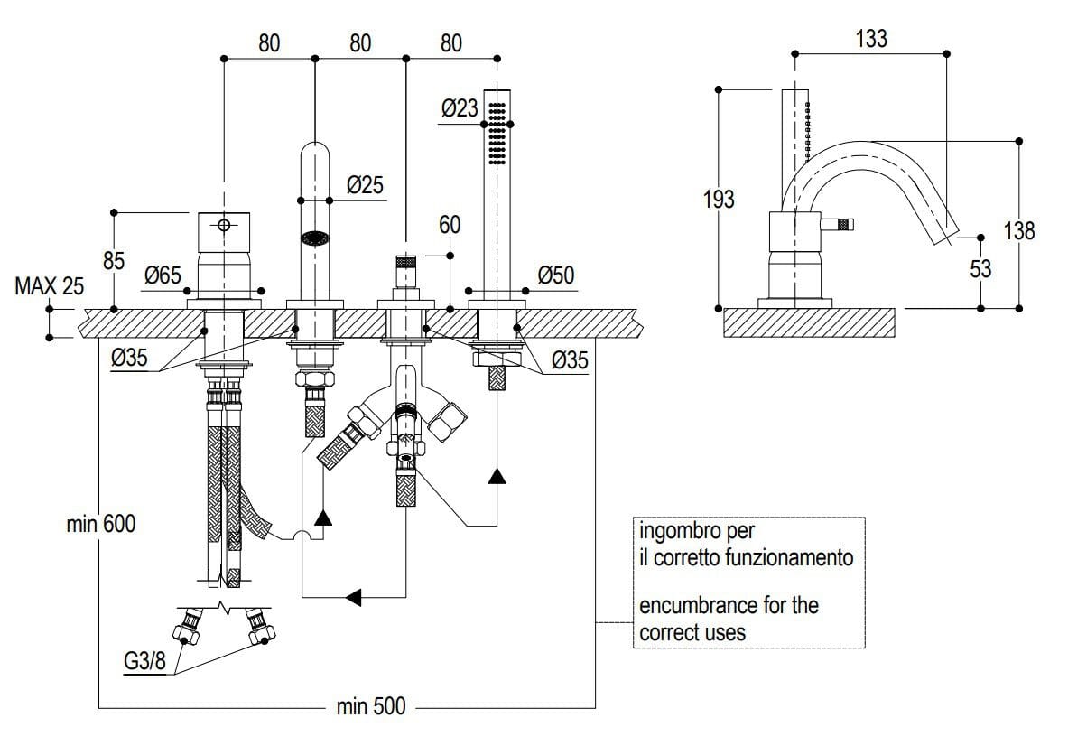 Однорычажный смеситель для ванны из нержавеющей стали с ручным душем Ritmonio Diametro35 Inox ARCH-00123379 - Вид №3