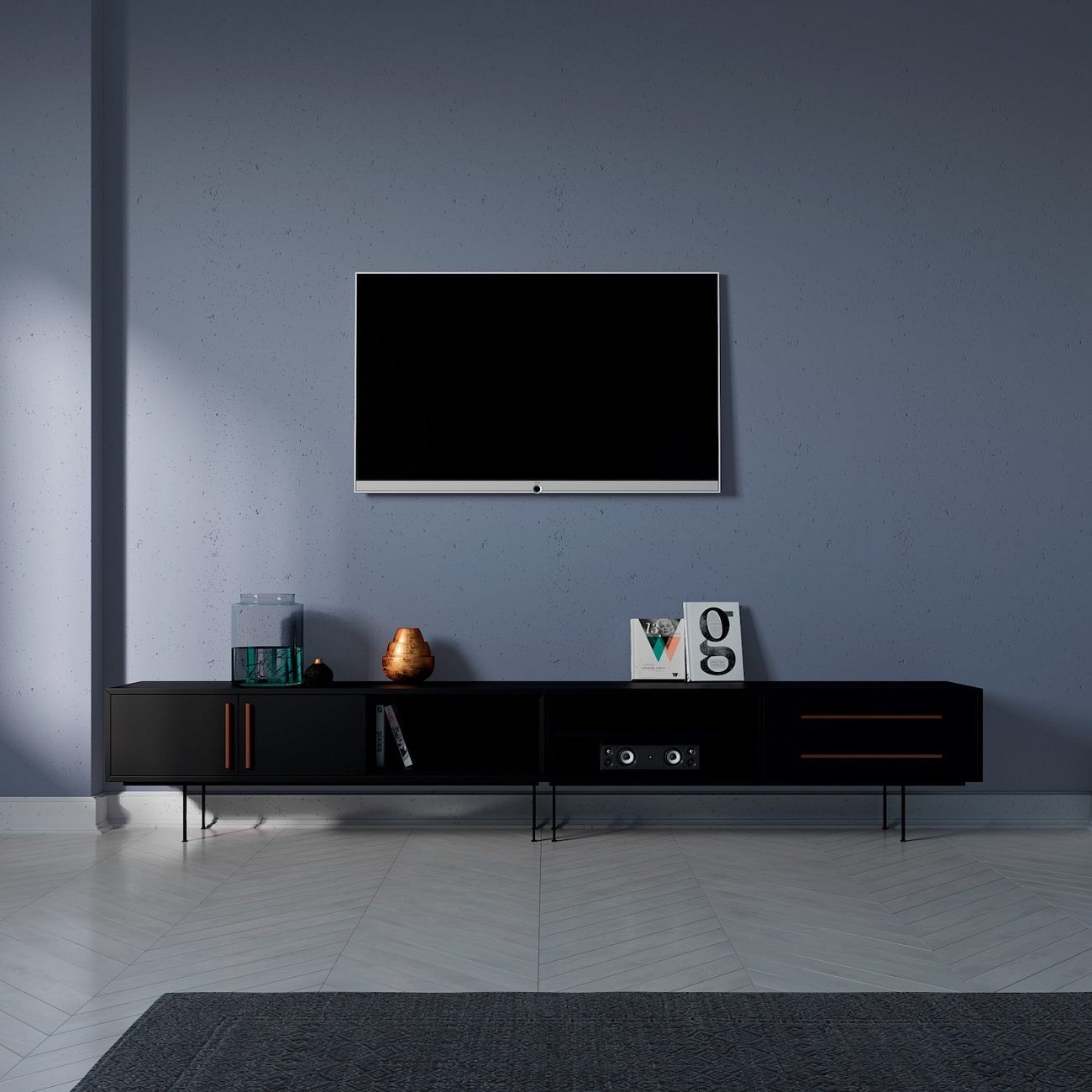 Тумба под телевизор с двумя ящиками 53х276 см черная Slim BRAGIN DESIGN TUBE 00-3862367 Черный - Вид №1