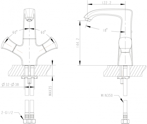 Смеситель для ванной комнаты на раковину высокий WHIRLPOOL F178112C bravat - Вид №2