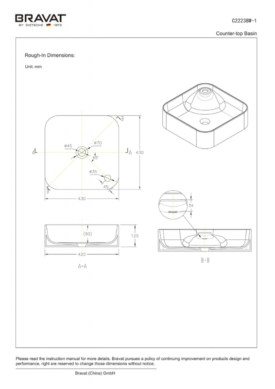 C22238W-1-ENG Накладная раковина на столешницу  овальная Bravat  - Вид №1
