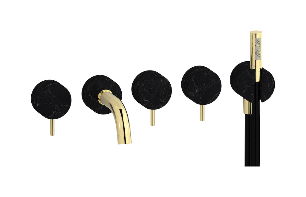 Настенный смеситель для ванной на 5 отверстий с дивертером и душевым гарнитуром. WE ARE IB mr398ii_2 Pale Gold Marmo