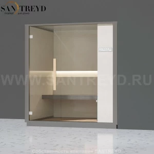 Effegibi ONE H LO60010007 Хаммам. Установка: в правый угол. Правая дверь. Мощность: 4,5 кВт макс. Размеры: длина 214 см, ширина 171 см. Отделка: матовый лакированный серый аллюминий и бежевый ламинат из керамогранита.