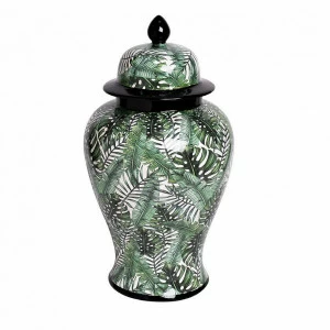 Ваза керамическая с крышкой бело-зеленая 40х22 см "Листья" GARDA DECOR ДИЗАЙНЕРСКИЕ 266917 Зеленый