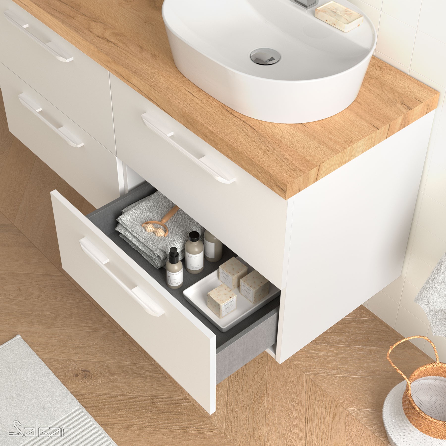 81700 SALGAR Мебель для умывальника FUSSION CHROME 800 2 ящика WHITE COTTON 797 x 540 x 450 мм Белый хлопок - Вид №1