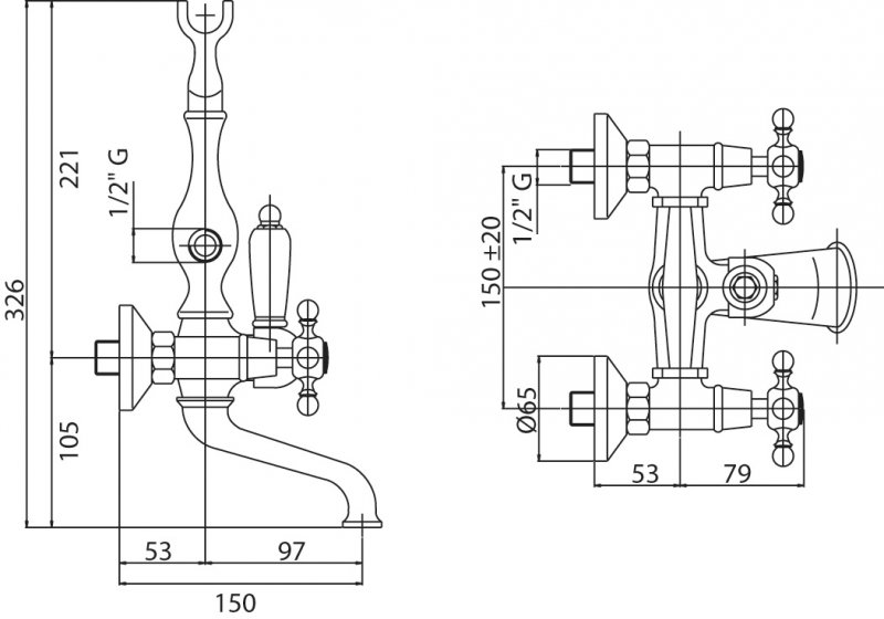 Смеситель на борт ванны с ручным душем шлангом 150см CEZARES NOSTALGIA-PBV-02-M - Вид №1