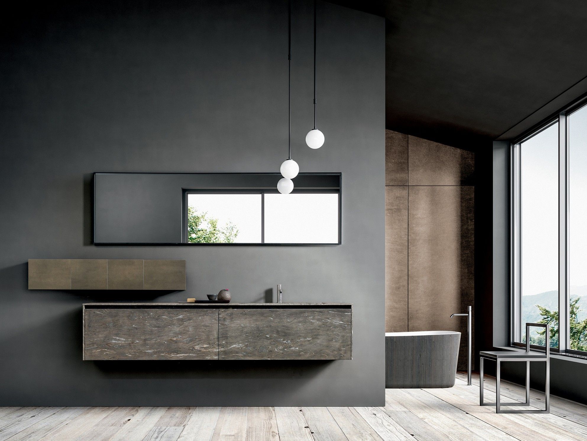 Гранитный подвесной одиночный умывальник с зеркалом MODULNOVA Blade Lab ARCH-00146122