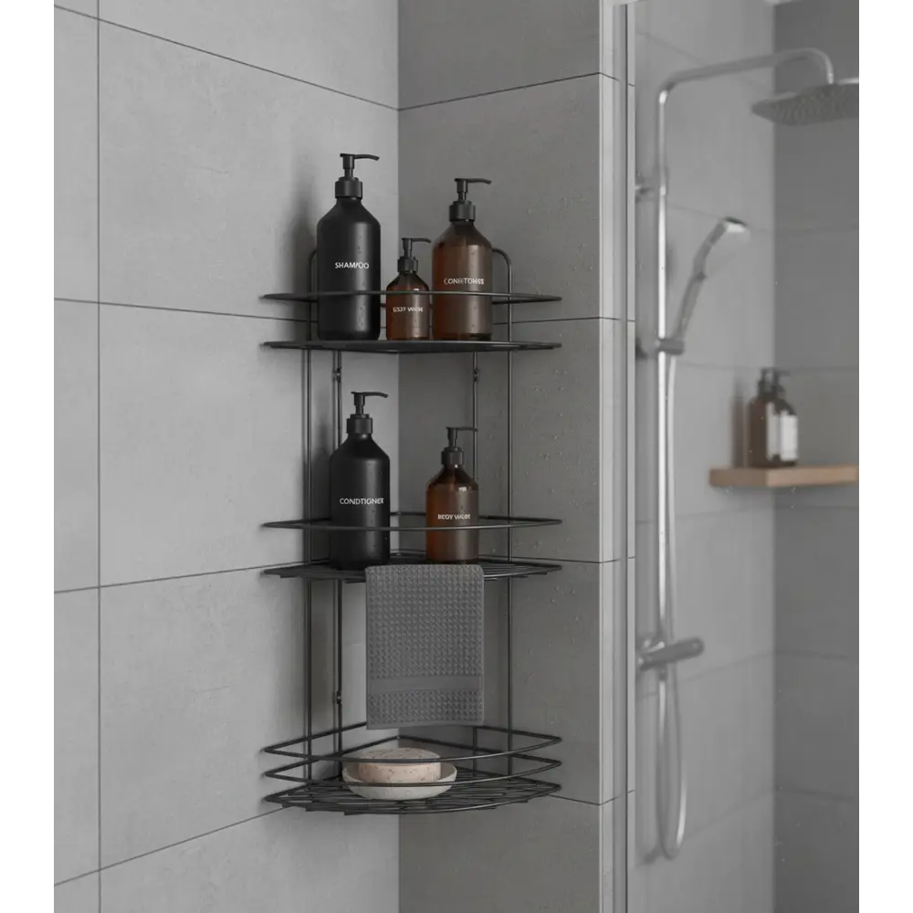 Полка для ванной Lemer Nil трехъярусная 23x23 см металл цвет графит STLM-2093827 - Вид №6