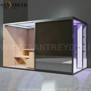 Effegibi BODYLOVE SH BL45130006 Боковая комбинированная баня: хаммам и сауна. Установка: в левый угол. Мощность: 15 кВт макс. Размеры: длина 393 см, ширина 176 см. Отделка: канадский хемлок, гладкое стекло и зеркало.