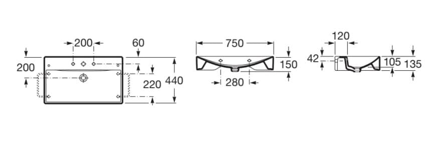 Прямоугольная фарфоровая раковина с переливом Roca DIVERTA 32711 ARCH-00130464 - Вид №2
