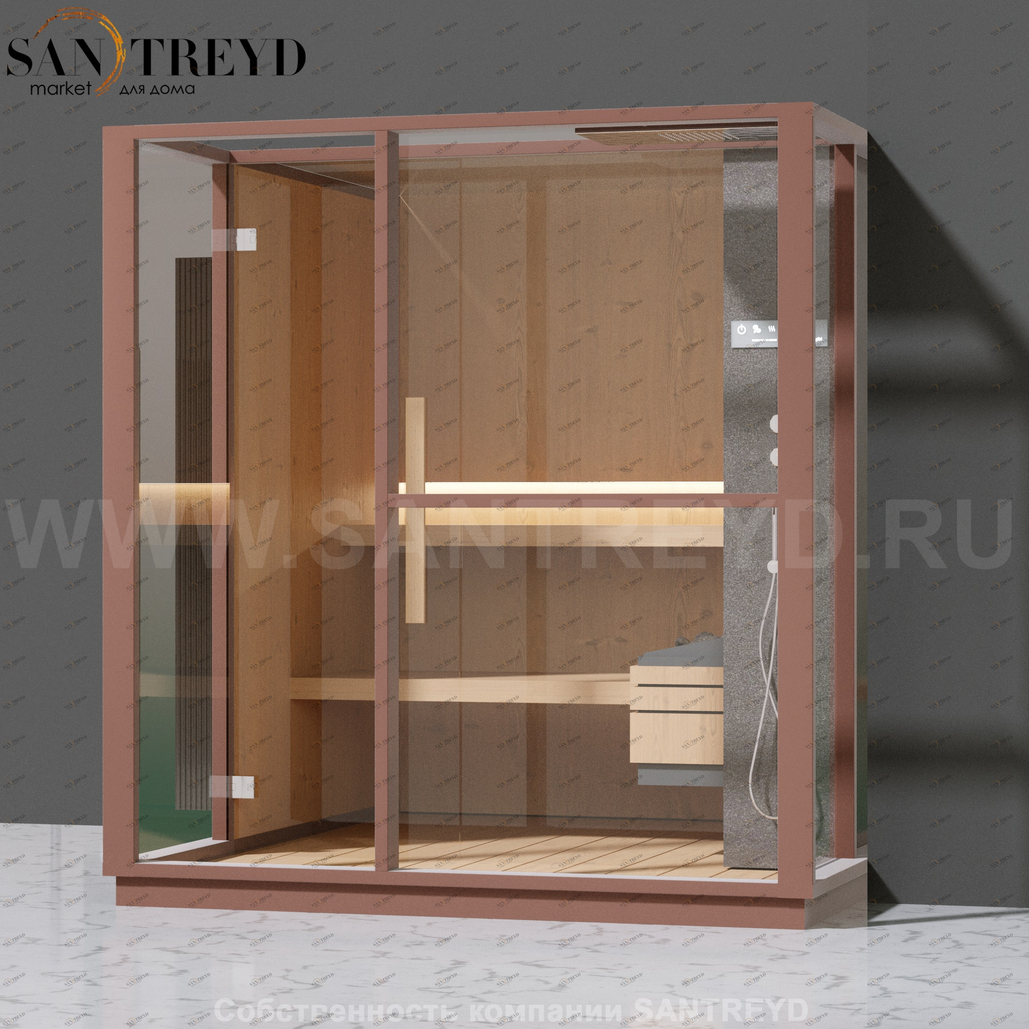 Effegibi LOGICA S LO20030015 Сауна. Установка: в правый  полуугол. Правая дверь. Мощность: 6 кВт макс. Размеры: длина 214 см, ширина 250 см. Отделка: канадский хемлок, матовый лакированный коричневый аллюминий и темный ламинат из керамогранита.