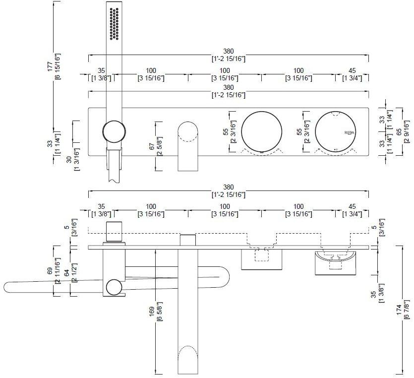 RIFRA Смеситель для душа / ванны настенный с переключателем и ручным душем Wave 1220211/2 - Вид №1